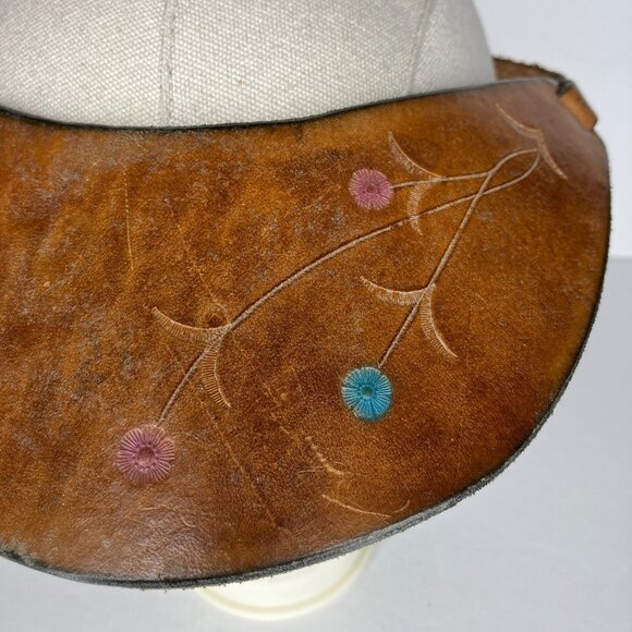 Vintage Leather Visor Tooled Floral Hippie Boho Natural Earthy Artsy - Picture 3 of 10